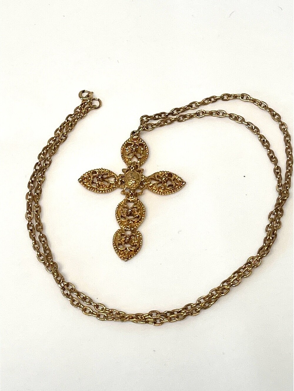 Gold Tone Filigree Large Cross Pendant w/ 30 Inch Chain